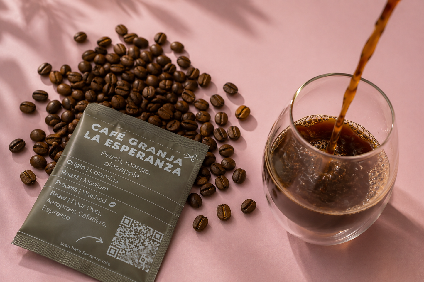 Coffee being poured into cup with advent sachet and coffee beans 